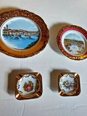 Lot of 4 - 22K Gold Trimmed - 2 Plates / 2 Ashtrays - Bavaria Germany / Vintage